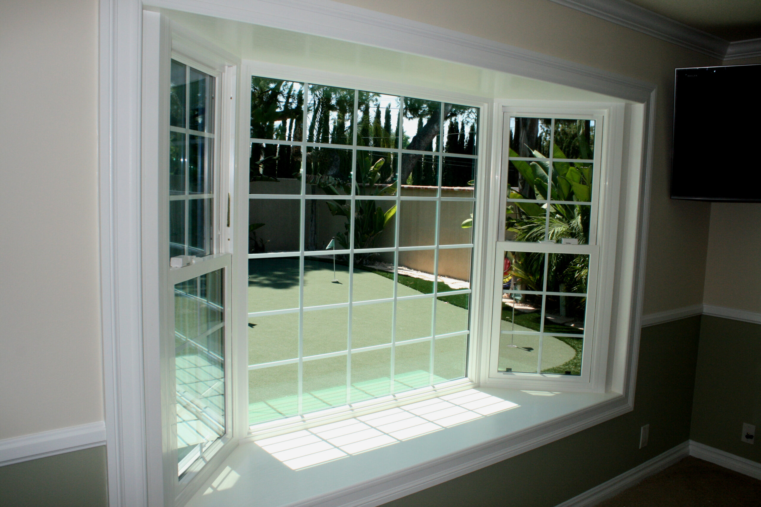 Bay window viewed from inside the home