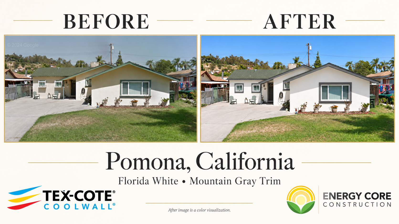 Before photo and proposed Florida White exterior with Mountain Gray trim in Pomona, California; after image is a color visualization.